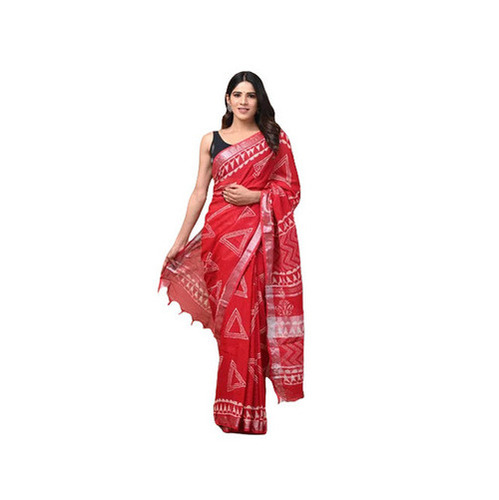 Red Printed Cotton Saree - 6.3 Meters With Unstitched Blouse Piece | Breathable, Easy Washable, Fade and Wrinkle Resistant, Extremely Comfortable for Adults