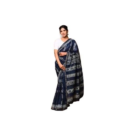 Block Printed Silk Saree - Color: Blue