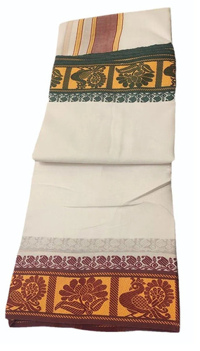 Cotton Dhoti - 4 m Length, Cream Color with Printed Pattern and Border | Party Wear for Males, Machine Washable, 190 GSM