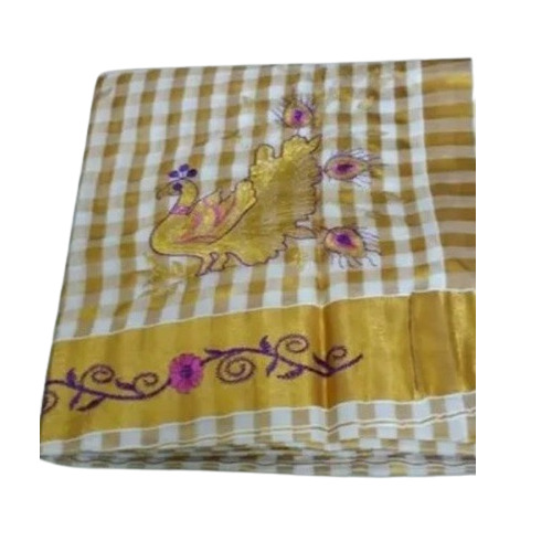 Gold And White Checked Cotton Saree - Color: All