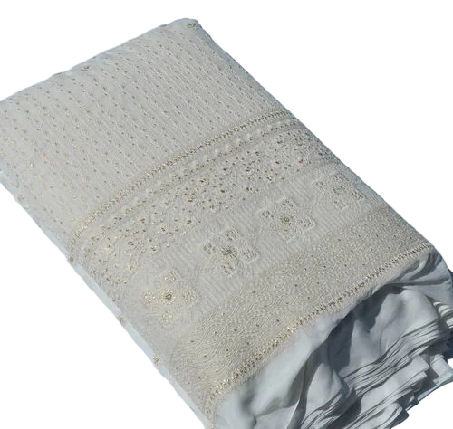 Dry Cleaning Embroidery Sequin Work Fabric - Washable Net, Cream Color with Embroidery Work | Ideal for Blouse, Dupatta, Suit & Kurti