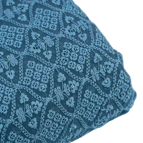 Georgette Fabric - Premium Quality Blue Embroidered Chikan , Lightweight, Anti-Pull, Cool, Heat-Insulation
