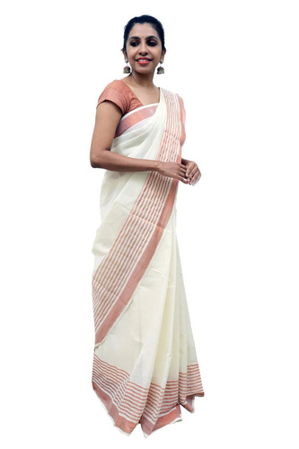 Wedding Cotton Saree - 6.3 m Length with Blouse Piece, Striped Design in Elegant White