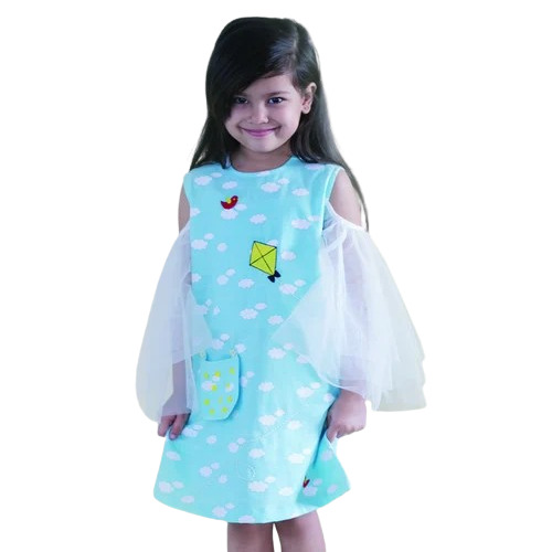 Sky Blue Cotton Frock - Regular Fit, Sleeveless Design, Quick Dry & Breathable | Modern Printed Style for Girls Aged 3-10 Years