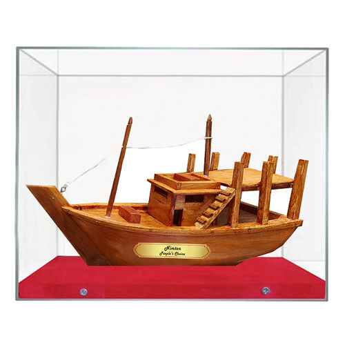 Handcrafted Wooden Fishing Boat Model: Eco-Friendly Decorative Showpiece and Gift Memento With Acrylic Box