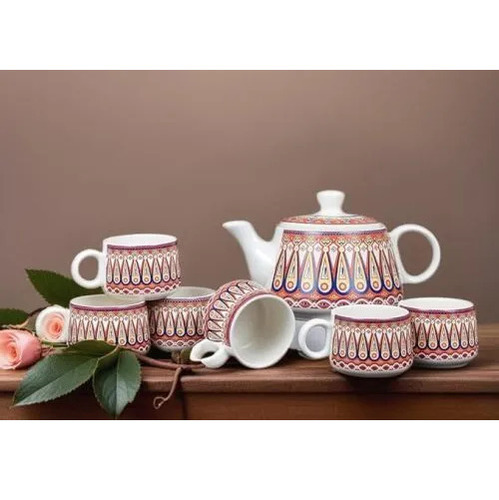 Ceramic 6 Coffee Tea Cups And 1 Kettle Combo Set
