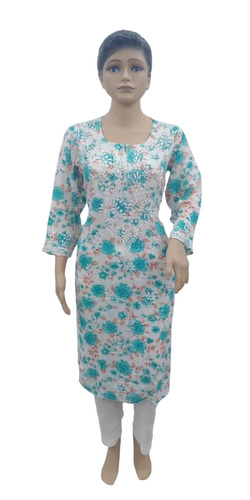 Cotton Printed Kurti - Straight Fit, Multi Color, 3/4th Sleeve | Breathable, Washable, Casual Wear For Ladies