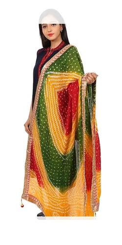 Printed Art Silk Bandhej Dupatta - Silk, 2.20 Meters, Multi Color, Gota Work | Traditional Printed Pattern for Women