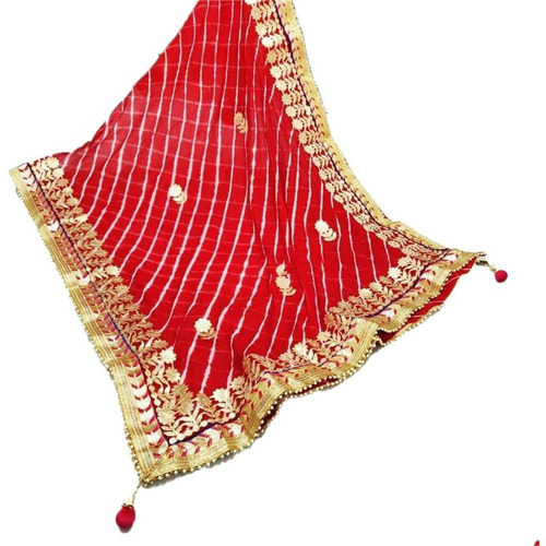 Chiffon Dupatta - 2.5 Mtr Length, Red with Pure Gota Patti Work | Washable, Breathable, All Season, Traditional Leheriya Pattern