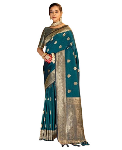 Banarasi Silk Saree - 5.5 Meter Length, Teal Blue Color with Unstitched Blouse Piece | Lightweight, Fade Resistant, Breathable, Comfortable, Easy Wash, Regular Fit