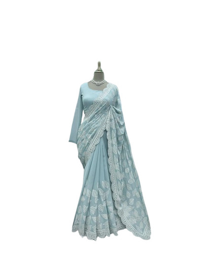 Embroidered Georgette Sarees - 5.5 Meter Length, Unstitched Blouse 0.80 Meter | Breathable, Lightweight, Fade Resistance, Easy Washable, Comfortable Party Wear