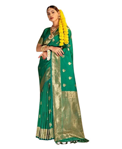 Green Banarasi Silk Saree - 5.5 Meter Length, Unstitched Blouse Piece 0.80 Meter | Breathable, Fade Resistant, Lightweight, Comfortable