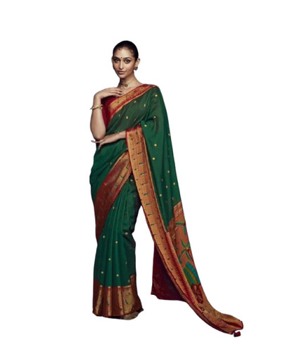 Green Printed Silk Saree - 5.5 Meter Length, With Unstitched Blouse Piece | Lightweight, Skin-Friendly, Breathable, Quick Dry, Color Fastness