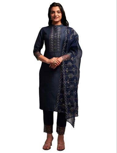 Chiffon Ladies Kurta Pant Dupatta Set - Ankle Length, Full Sleeves, Banded Collar, Blue | Breathable, Washable, Regular Fit, Available in All Sizes
