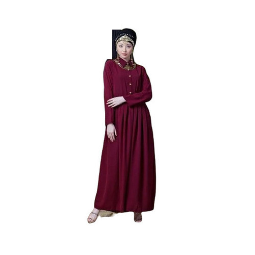 Maroon Polyester Crepe Long Casual Abaya - Collar Neck, Breathable, Anti-Wrinkle, Quick Dry, Regular Fit, No Pockets