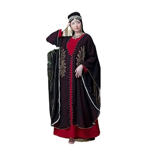 Muslim Ladies Abaya - Polyester Georgette, Large Size | Long Sleeve, Round-Neck, Red & Black, Embroidered, Anti Wrinkle, Breathable, Quick Dry