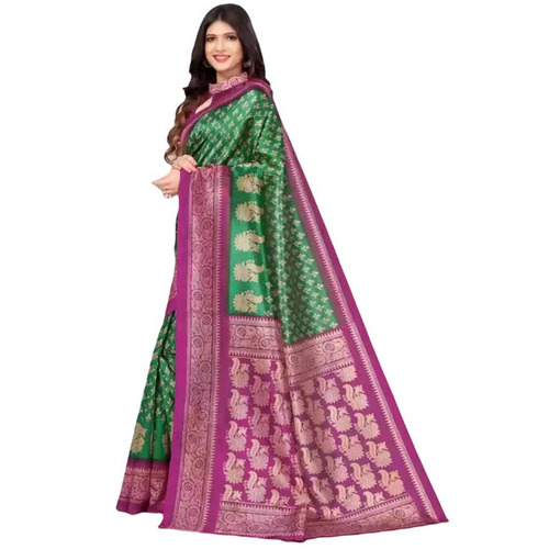 Printed Cotton Saree - 5.5 Meter Length with Unstitched Blouse Piece, Breathable, Lightweight, Quick Dry, Fade and Wrinkle Resistant, Green & Pink Pattern for Casual Occasions