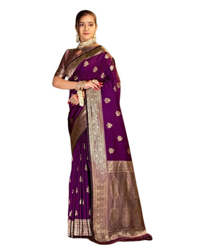 Purple Banarasi Silk Saree - 5.5 Meter Length with Unstitched Blouse Piece | Breathable, Lightweight, Fade & Wrinkle Resistant