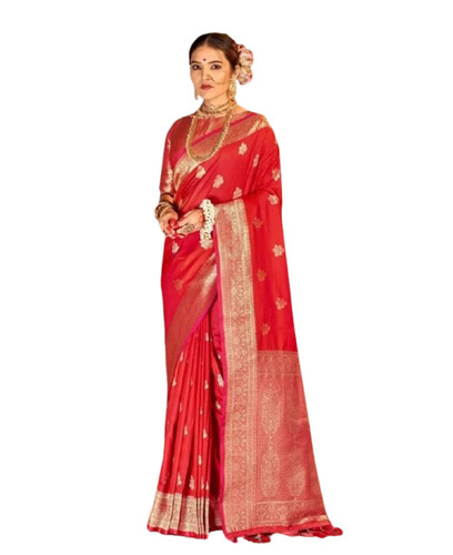 Red Banarasi Silk Saree - 5.5 Meter Length with Unstitched Blouse Piece, Breathable & Lightweight for Casual Wear