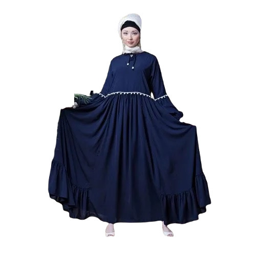 Round Neck Abaya - Polyester Crepe, Long Sleeve, Size L, Blue | Anti Wrinkle, Breathable, Quick Dry, Casual Wear