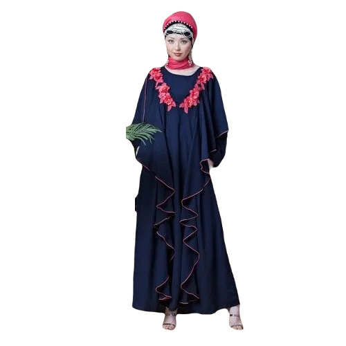 Blue Embroidered Abaya - Long Regular Fit, Round-Neck, Summer Wear | Anti-Wrinkle, Breathable, Quick Dry, Washable