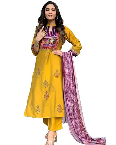Chanderi Kurta Set - Size S to XXXL, Yellow with Embroidered Design | Breathable 3-4th Sleeve, Machine Washable, Includes Dupatta