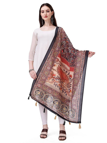 Colored Printed Kalamkari Dupatta - Silk Fabric, 2.3 Meter Length, 36" Width, Multicolor Digital Print | Washable, All Season, Customized Size