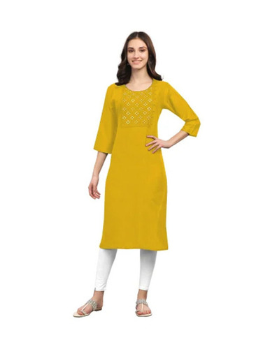 Yellow Cotton Kurtis - Regular Fit, Round-Neck, 3-4th Sleeve, Embroidered, Available in Sizes S-XXL | Features: Anti-Wrinkle, Breathable, Quick Dry, Washable