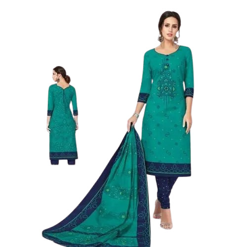 Dark Green Ladies Printed Cotton Suit - Multi Color, 150 GSM, 2.5m Length, Sizes S-XXL | Features: Breathable, Machine Washable, 3/4th Sleeve Style