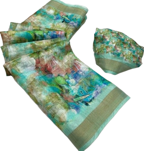 Cotton Digital Printed Saree - Floral Print Green, 5.5 m Length with Separate Blouse Piece | Casual Wear, Hand Made Cotton Fabric