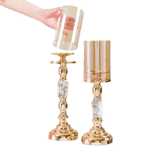 Decorative Candle Holders - Handmade Golden Metal & Glass | Lightweight, Portable, Antique Imitation Design for Ceremony, Party, and Home Decoration