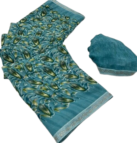 Georgette Saree - 5 m Length, Blue Color with Pattern-Printed Border | Multi Color, Wedding Wear, Easy Wash Care