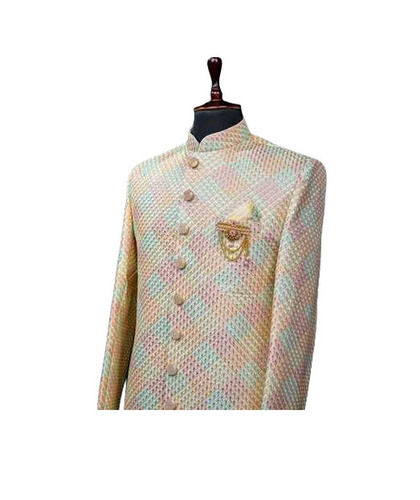 Sherwani - Customized Size, Lite Cream Color | Long Sleeve, Embroidered, Anti Wrinkle, Breathable, Summer Wear