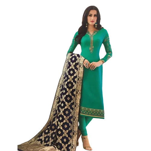 Cotton Semi-Stitched Salwar Suit - Embroidered Straight Design with Banarsi Dupatta, Free Size & Full Sleeves, Breathable and Washable