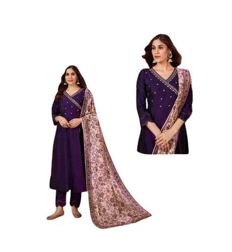 Party Wear Regular Fit 3/4th Sleeve V-neck Embroidered Pant Suits With Dupatta