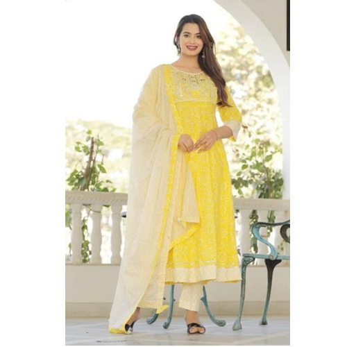 Yellow Cotton Kurti Pant With Dupatta Set