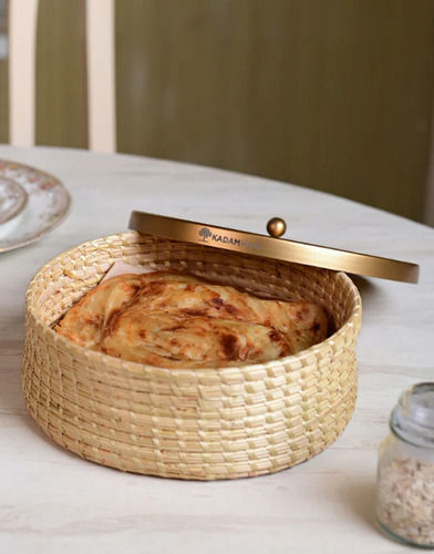 Handmade Sikki Roti Box with Golden Metal Lid - Natural