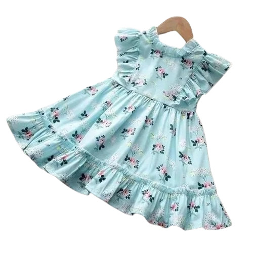 Girls Cotton Frock - Floral Printed, Short Sleeves, Sea Green | Breathable, Anti Wrinkle, Machine Washable, Modern Style, Available in Sizes S, M, L for Ages 2-7 Years
