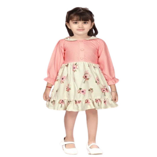 Girls Floral Cotton Frock - Cotton, Sizes: S, M, L, Color: Pink, Short Sleeves, Classic Collar | Features: Anti-Wrinkle, Breathable, Machine Washable, Modern Style, Perfect for Summer Casual Wear