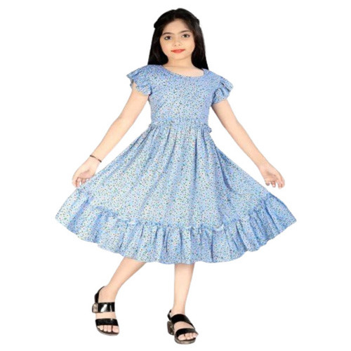 Girls Cap Sleeves Frocks - Cotton Sizes S/M/L Sky Blue Color | Modern Printed Design Breathable Anti-Wrinkle Machine Washable