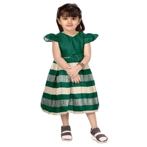Girls Green Silk Frocks - Silk Fabric, Sizes S-M-L, Dark Green Color, Printed Pattern, Short Sleeves, Breathable & Anti-Wrinkle | Casual Summer Wear