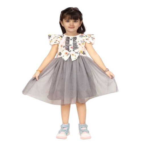 Girls Grey Frocks - Net Fabric, Sizes S-M-L | Printed Design, Breathable, Anti-Wrinkle, Machine Washable, Short Sleeves, Casual Wear