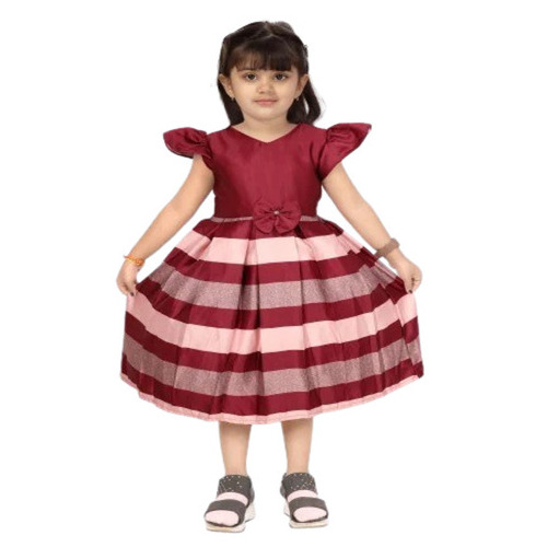 Girls Maroon Frocks - Silk Fabric, Sizes S-M-L | Floral Print, Anti-Wrinkle, Breathable, Short Sleeves, Casual Summer Wear
