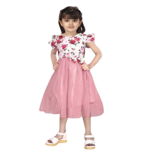 Girls Printed Net Frock - Sizes S, M, L | Pink, Short Sleeves, Anti Wrinkle, Breathable, Modern Style for Casual Summer Wear