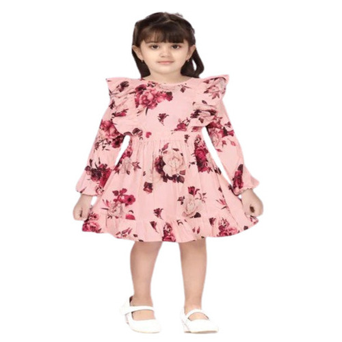 Girls Peach Frocks - Rayon, S/M/L Sizes, Full Sleeves | Printed, Anti Wrinkle, Breathable, Machine Washable, Perfect for Casual Summer Wear