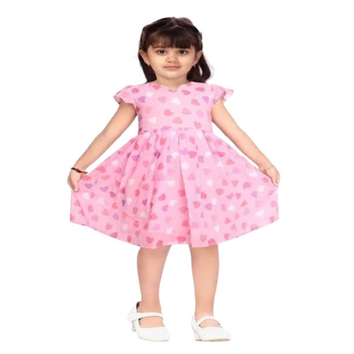Girls Pink Printed Frock - Polyester, Sizes S-M-L | Short Sleeves, Anti-Wrinkle, Breathable, Modern Style, Casual Wear