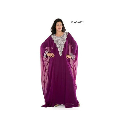 Casual Kaftan - Long Purple Embroidered Dress Anti-Wrinkle Breathable Quick Dry Machine Washable