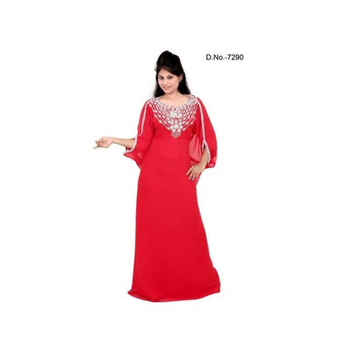 Kaftan - Long Regular Fit Red Embroidered Round-Neck Breathable Quick Dry Anti-Wrinkle Machine Washable for Casual Wear