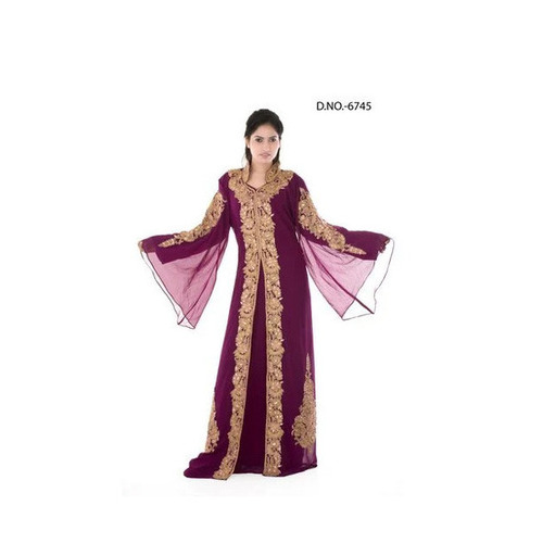 Muslim Ladies Kaftan - Long Regular Fit, Purple With Embroidered Pattern | Anti-wrinkle, Breathable, Quick Dry, Machine Washable, Suitable For Summer And Winter