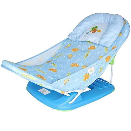 Blue Baby Bath Seat - Fabric, Plastic, Blue, Non-Slip Surface, Head Support | Foldable, 8 kg Hold Capacity